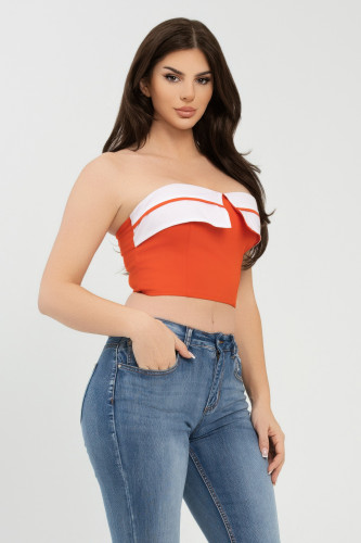 Front Fold-over Color Contrast Tube Top     -48827