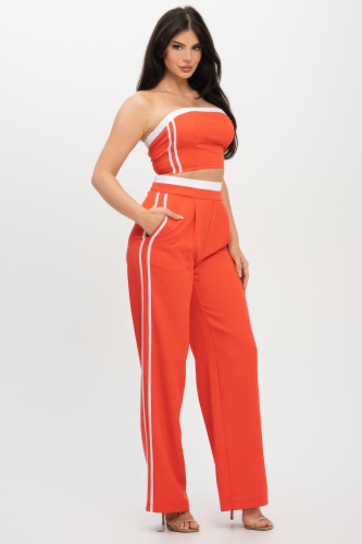 Stripe Tapping Contrast Elastic Band Toppants Set    -48837