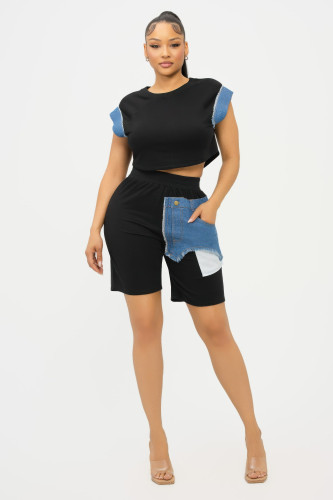Color Block Denim Sleeve Top And Biker Shorts Set        -48839
