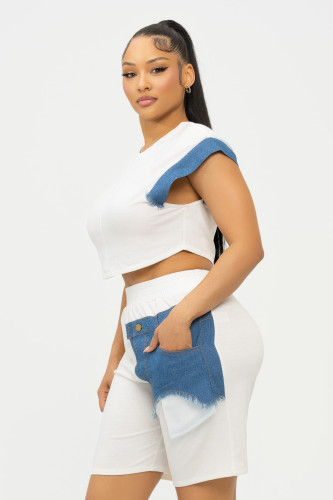 Color Block Denim Sleeve Top And Biker Shorts Set        -48841