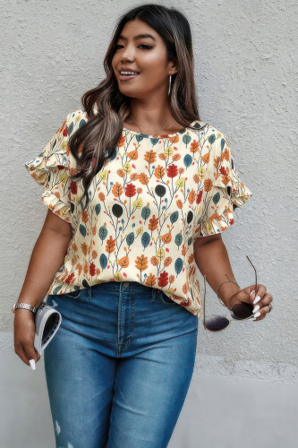 Plus Round Neck Floral Flounce Sleeve Loose Shirt-49316