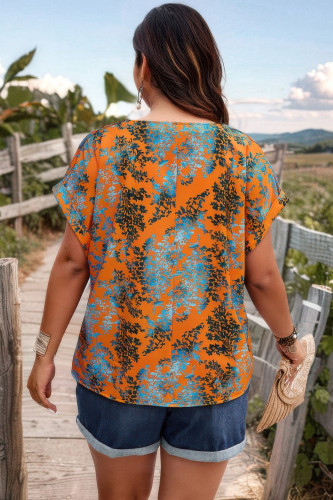 Plus Floral V Neck Batwing Sleeve Loose Shirt-49327