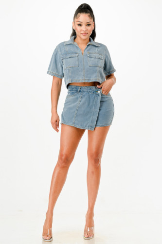 Cropped Denim Shirt And Skort Set          -50193