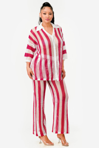 Sheer Stripe Polo Knit Pants Set       -50194