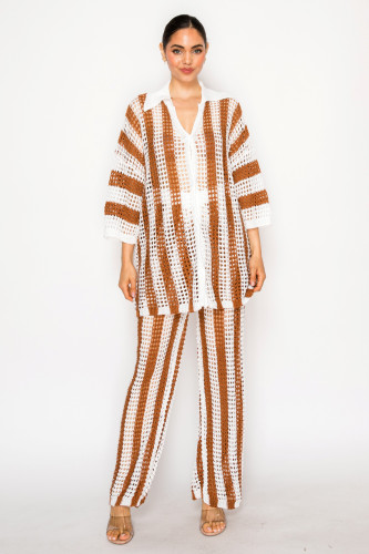Sheer Stripe Polo Knit Pants Set       -50196