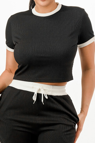 Ribbed Contrast Binding Top And Pants Set          -50201