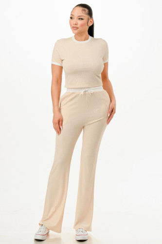 Ribbed Contrast Binding Top And Pants Set          -50202