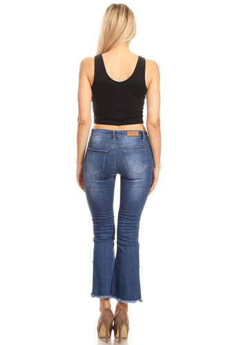 Denim Cropped Mid-Rise Flared Jeans  w/Frayed Asymmetrical Hem