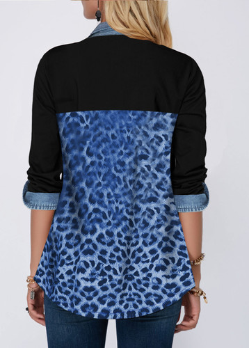 Blue Leopard Print Denim Panel Shirt