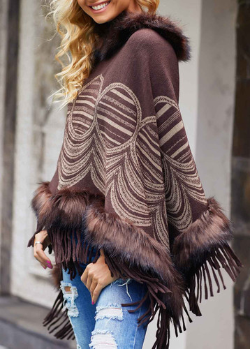 Brown Fur Collar Tassel Hem Pullover Poncho Sweater