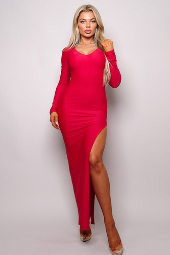 Long Sleeve V Neck Open Back Maxi Dress-41836