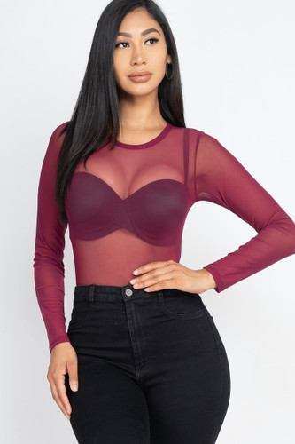 Sexy Sheer Mesh Long Sleeve Bodysuit-41981