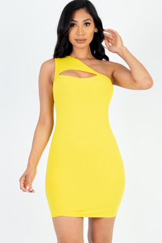 Ribbed One Shoulder Cutout Front Mini Bodycon Dress-41956
