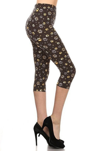 Paw Print, High Rise, Fitted Capri Leggings, With An Elastic Waistband-41921