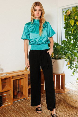 Waist Smocked Solid Satin Blouse-41798