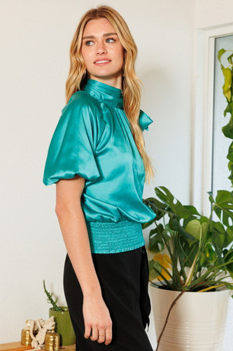 Waist Smocked Solid Satin Blouse-41798