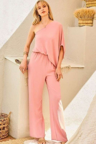 One Shoulder 3/4 Sleeve Unbalanced Waist Elastic Solid Pants Jumpsuit  -41663