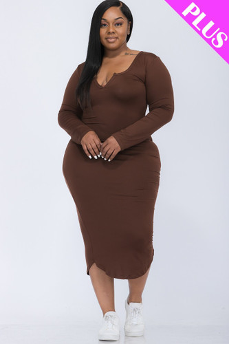 Plus Size Split Neck Long Sleeve Midi Dress-41597