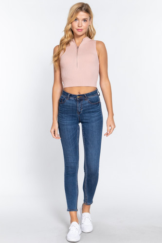 Sleeveless Rib Sweater Top W/zipper     -41544