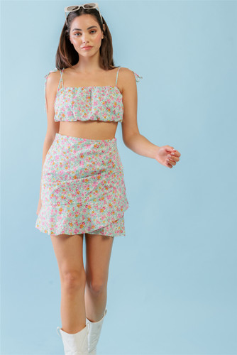 Mint Fuchsia Print Cotton Sleeveless Strappy Crop Top & High Waist Wrap Hem ...