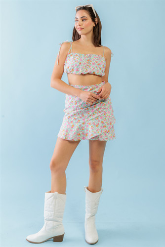 Mint Fuchsia Print Cotton Sleeveless Strappy Crop Top & High Waist Wrap Hem ...