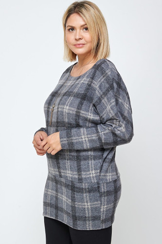 Boat Neck, Plaid Print Tunic Top, With Long Dolman Sleeves-41505