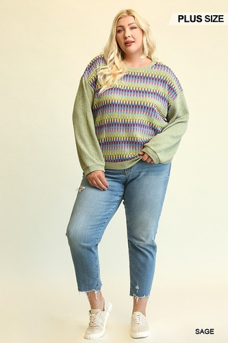 Novelty Knit And Solid Knit Mixed Loose Top With Drop Down Shoulder-41498