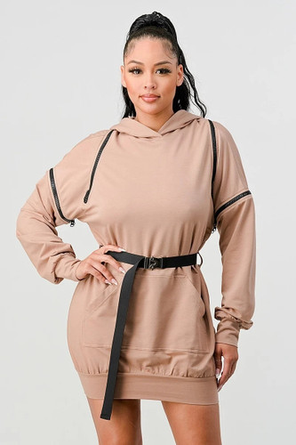Double Zipper Long Sleeve Hooded Mini Dress-41464