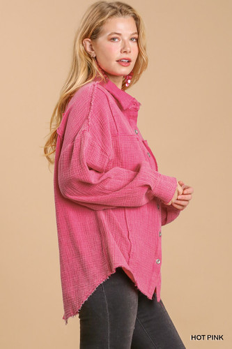 Mineral wash button down top with high low hem-41374