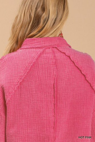 Mineral wash button down top with high low hem-41374