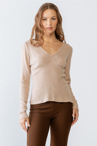 Sand Ribbed V-neck Long Sleeve Soft To Touch Top-41240