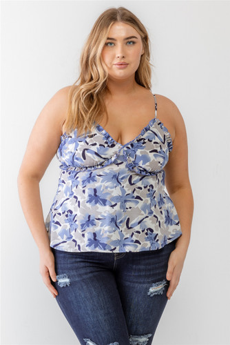 Plus Floral Print Woven Ruffle Sleeveless Back Zipper Tank Top-41992