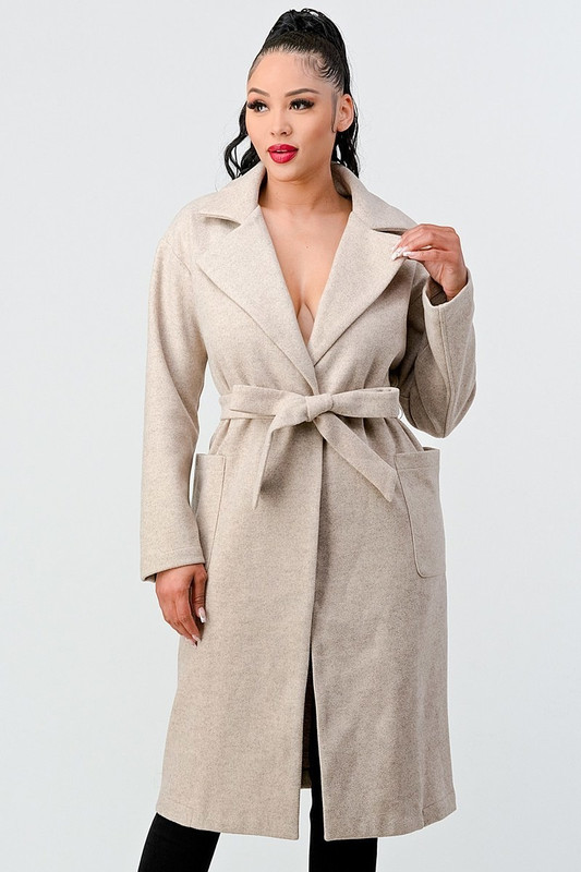 Luxe Wool Waist Tie Side Pockets Midi Length Coat-41198