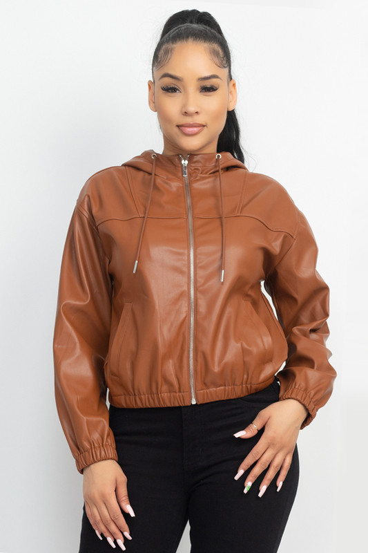Faux Leather Hoodie Jacket-41155