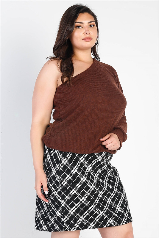 Plus Brown Ribbed Textured One Shoulder Top-41139