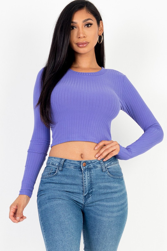 Long Sleeve Round Neck Basic Crop Top-42208