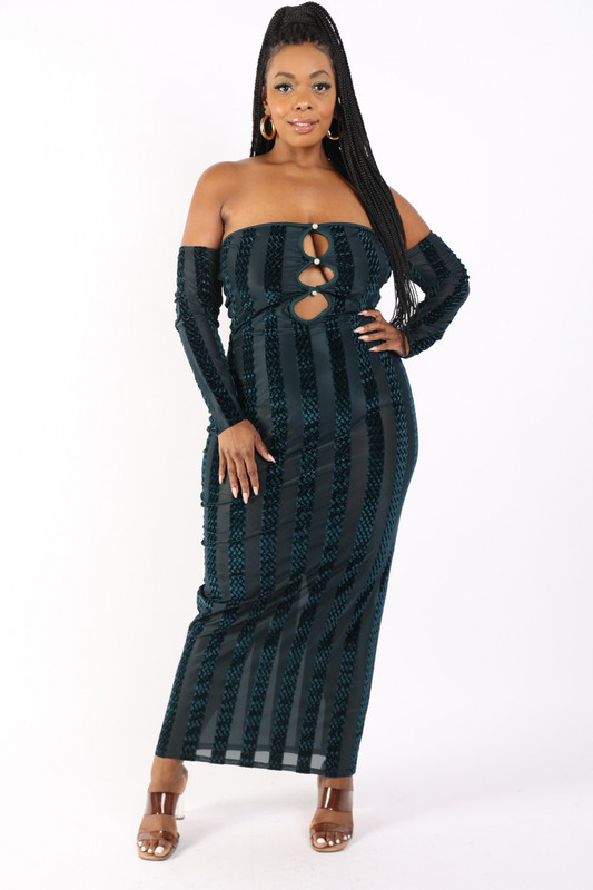 Striped Velvet Off Shoulder Dress-42230