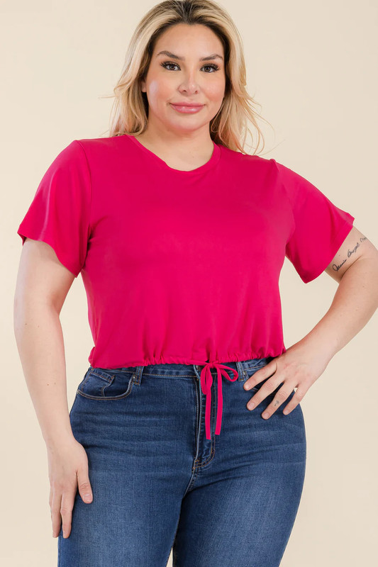 Plus Size Tie Front Drawstring Short Sleeve Crop Top-42257