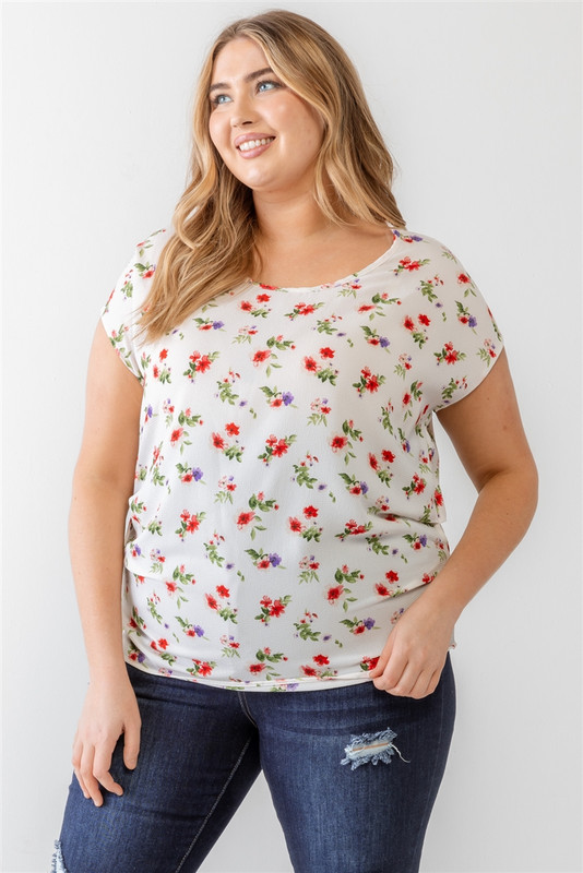 Plus Flower Print Ruched Top-42270