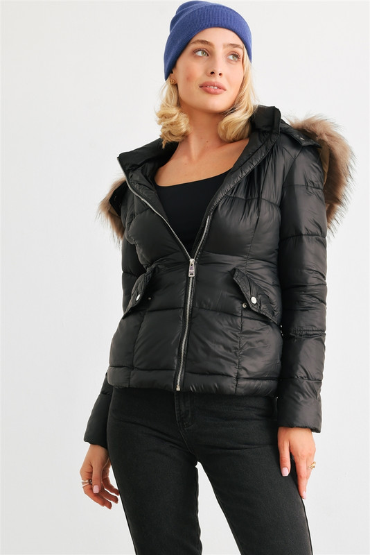 Long Sleeve Faux Fur Hood Padded Water Resistant Finish Jacket -42396