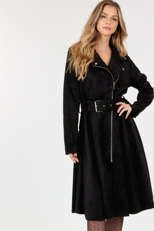 Waist Belt Tacked Faux Suede Coat Solid Coat-42495