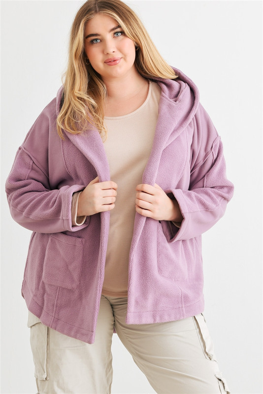 Plus Two Pocket Open Front Soft To Touch Hooded Cardigan Jacket-42531