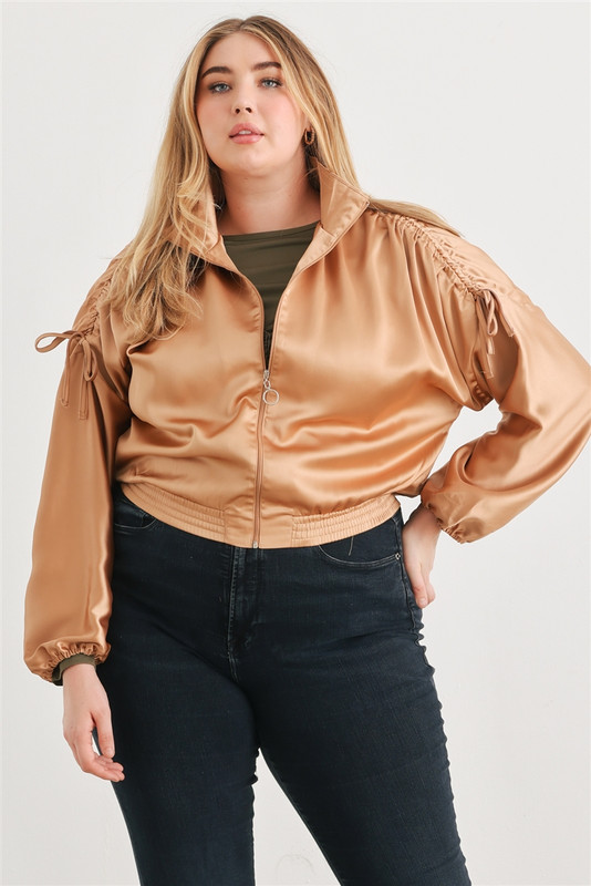 Plus Satin Zip-up Ruched Long Sleeve Cropped Bomber Jacket-42536