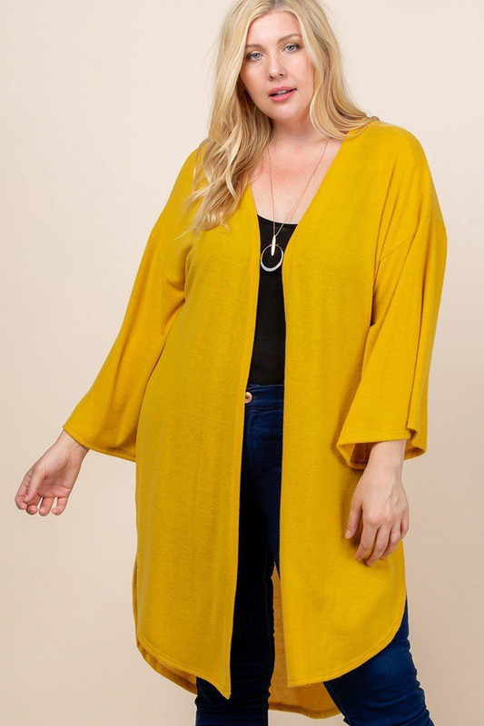 Plus Size Solid Hacci Brush Open Front Long Cardigan With Bell Sleeves-32323
