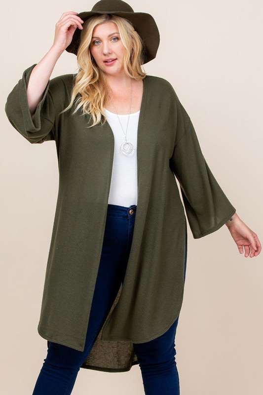 Plus Size Solid Hacci Brush Open Front Long Cardigan With Bell Sleeves-32324