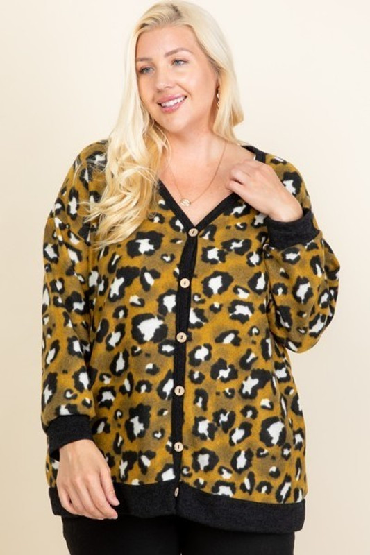 Plus Size Cozy Animal Mir Print With Brush Button Up Cardigan-42651