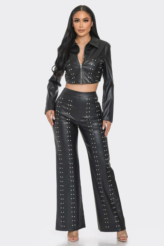 Faux Leather Set With Rhinestone Detail-42718