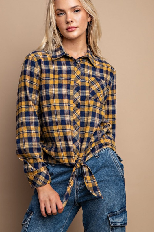 Tie Front Button Down Plaid Shirt With Front Pocket-43085