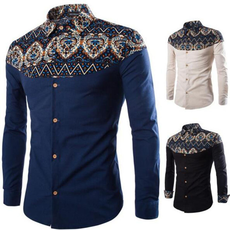 Men's Shirts African Print Style Stand Collar Button Navy Long Sleeve Cotton