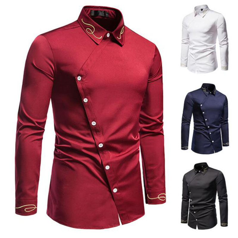 Mens Shirts Trend Embroidered Asymmetric Long-sleeved Western Slim Fit Social